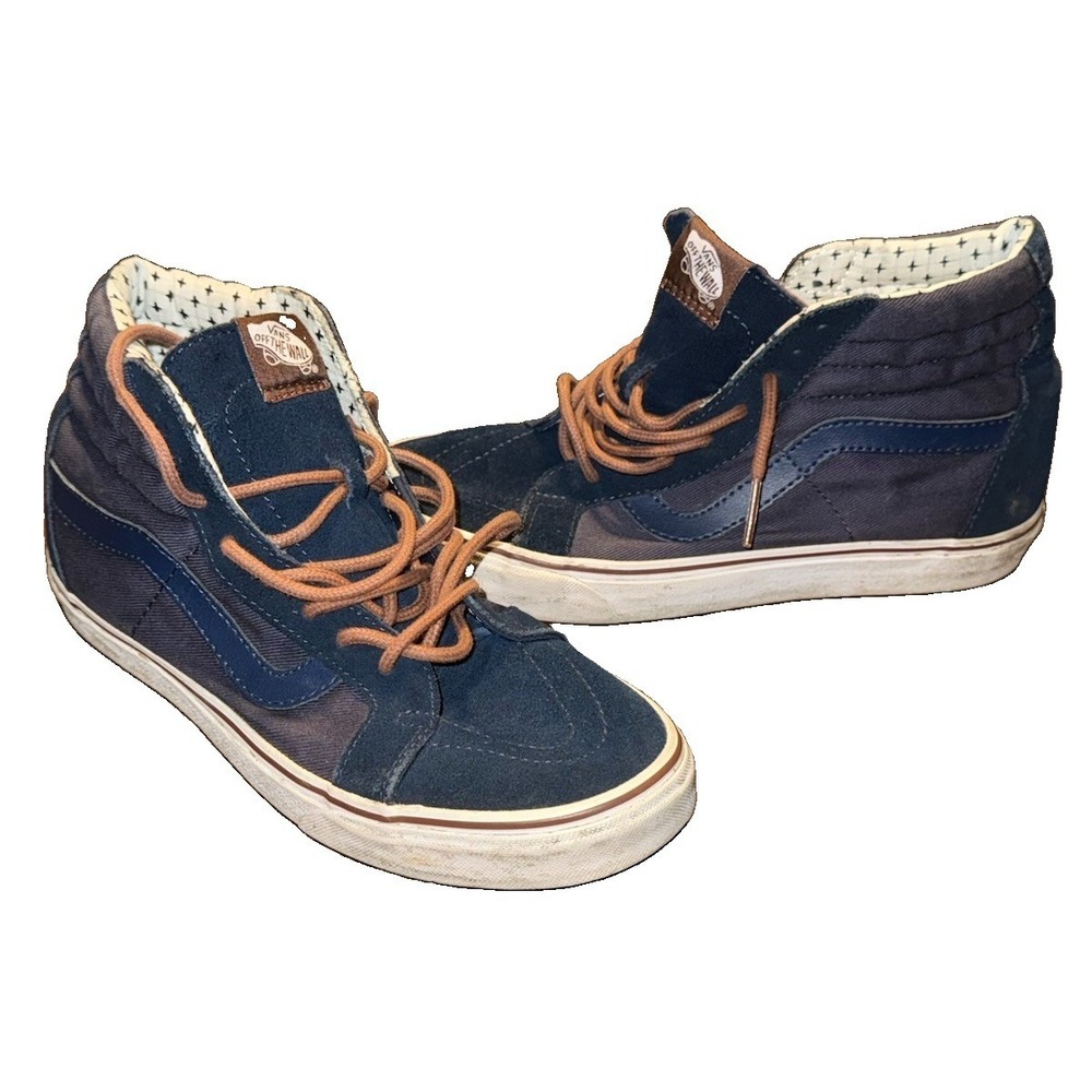 Vans SK8-Hi Navy Blue Suede Canvas High Top Sneakers Brown Laces Skate Shoes